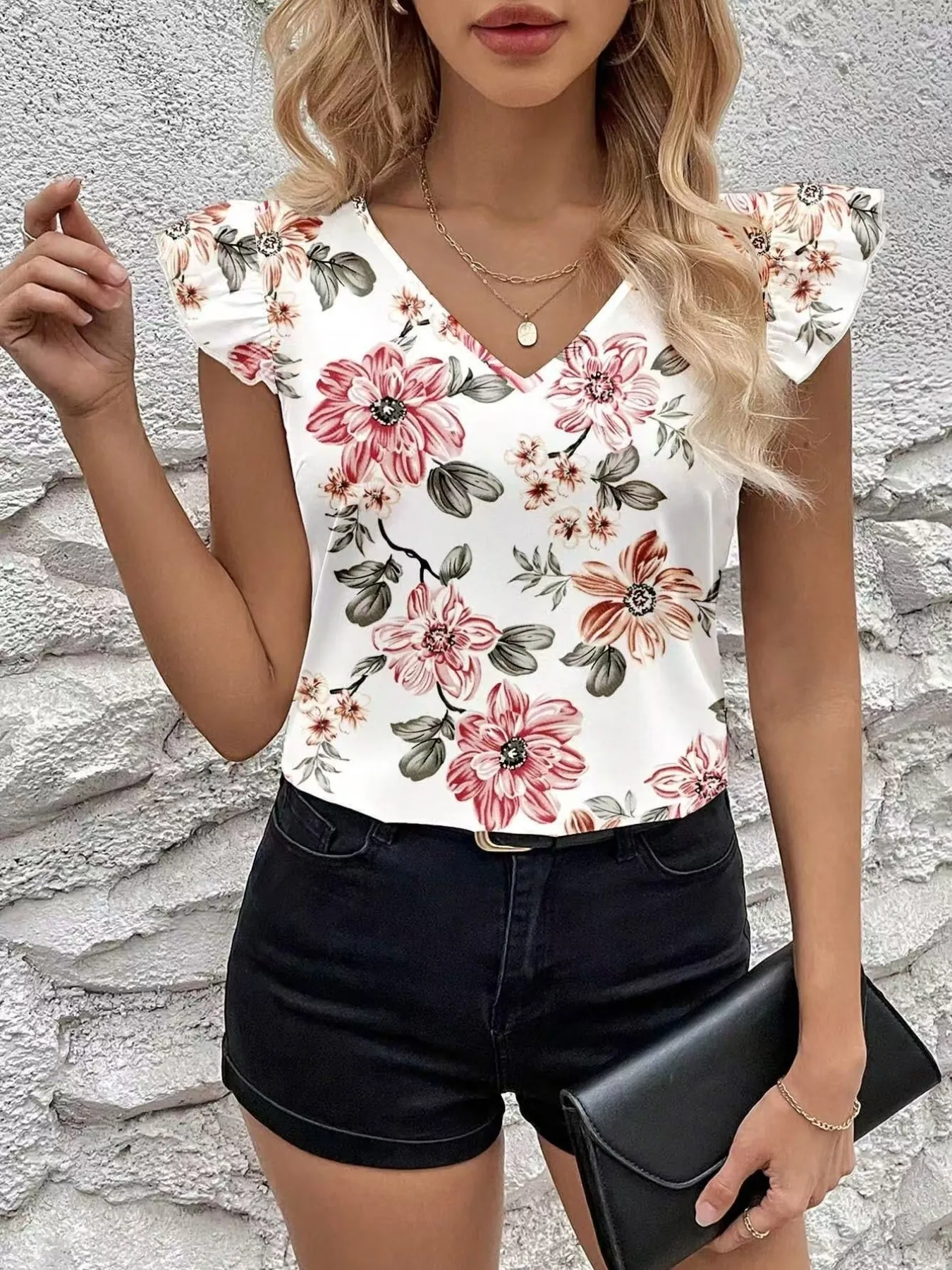Floral Print Ruffle Sleeve V-Neck Blouse - Image 23