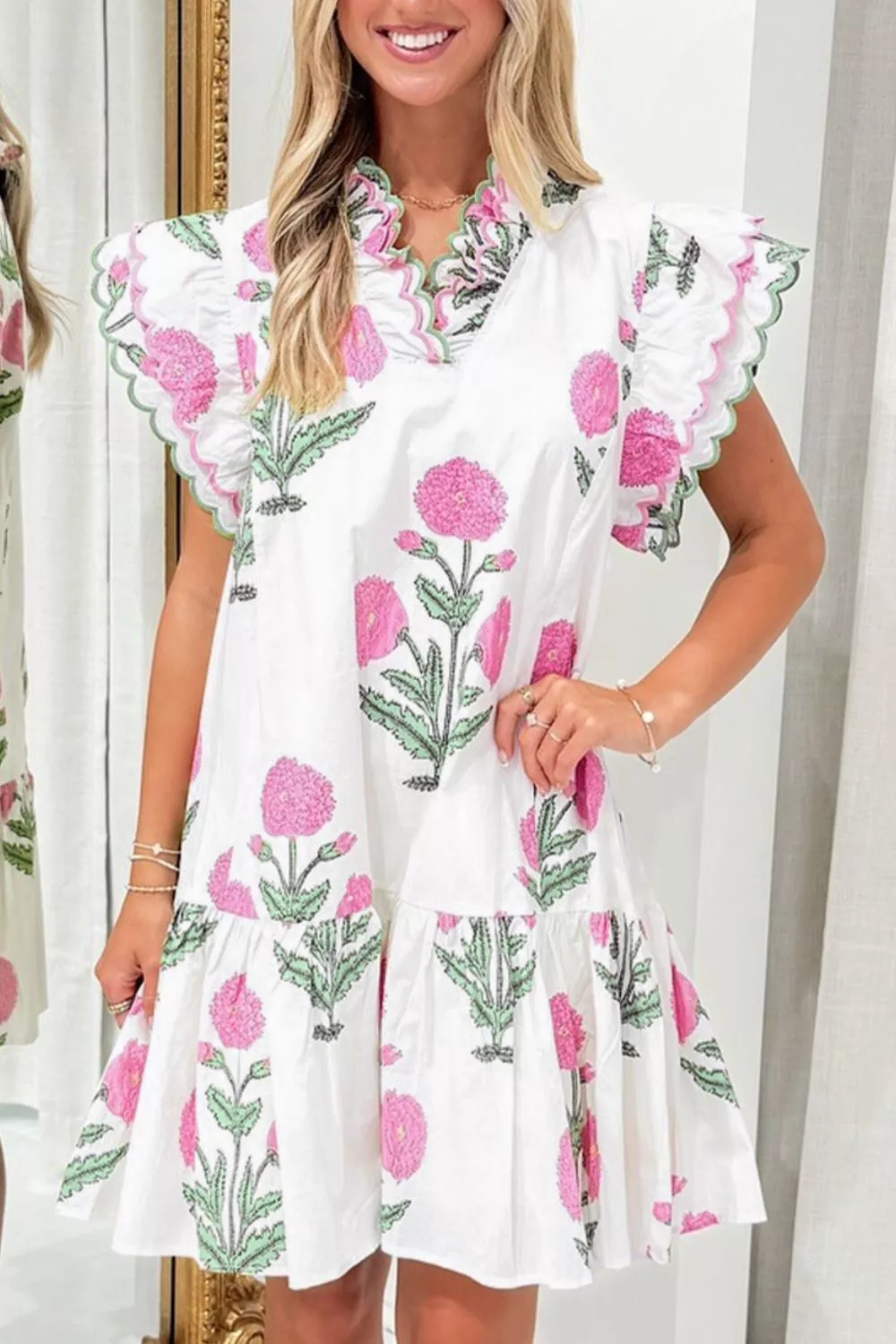 Floral Print Ruffle Trim Casual Mini Dress - Image 2