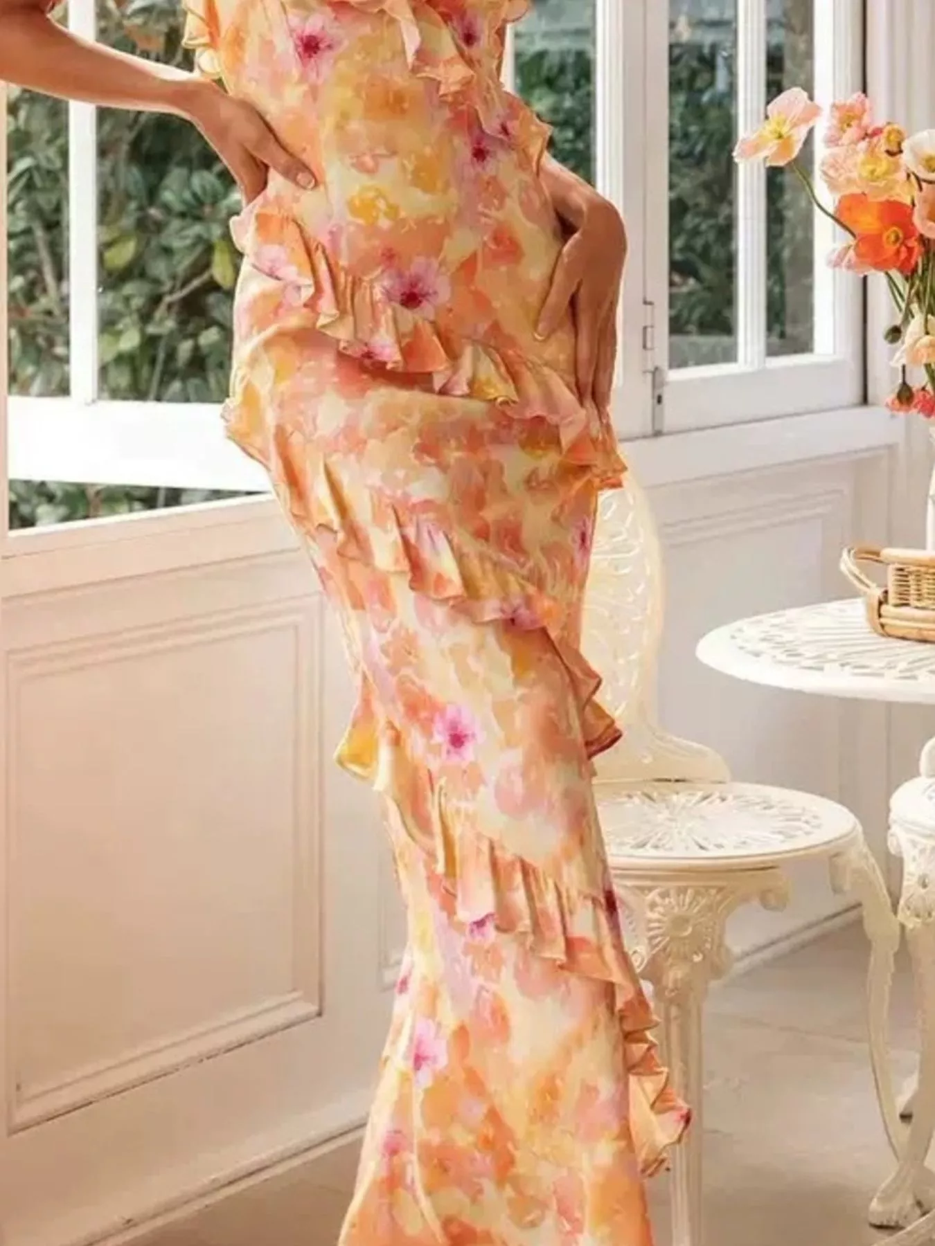Floral Print Ruffle Trim Spaghetti Strap Maxi Dress - Image 3