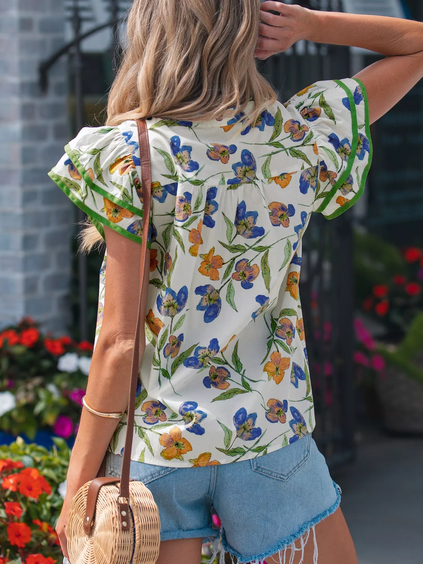 Floral Print Ruffle V-Neck Pressed Pleats Binding Tape Cotton Blouse - Image 2