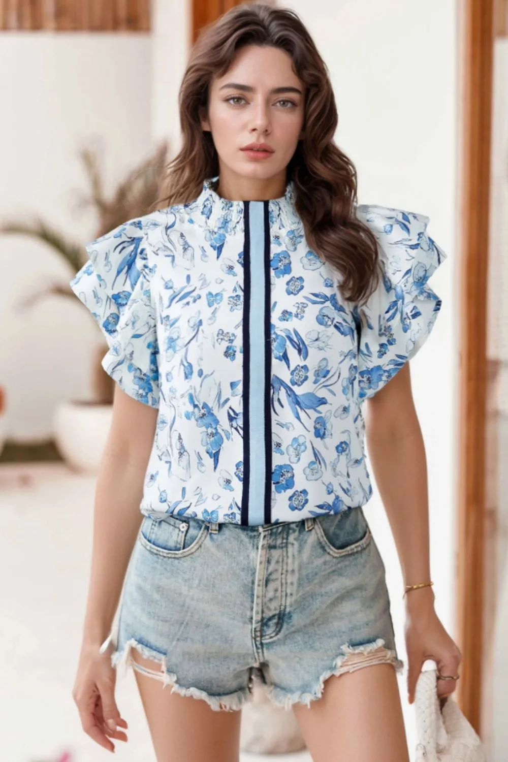 Floral Print Ruffled Short Sleeve Blouse - Image 2