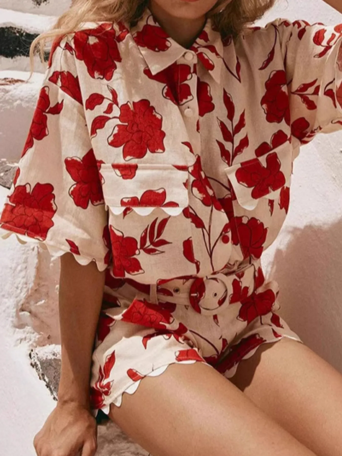Floral Print Scalloped Edge Top and Shorts Set - Image 5