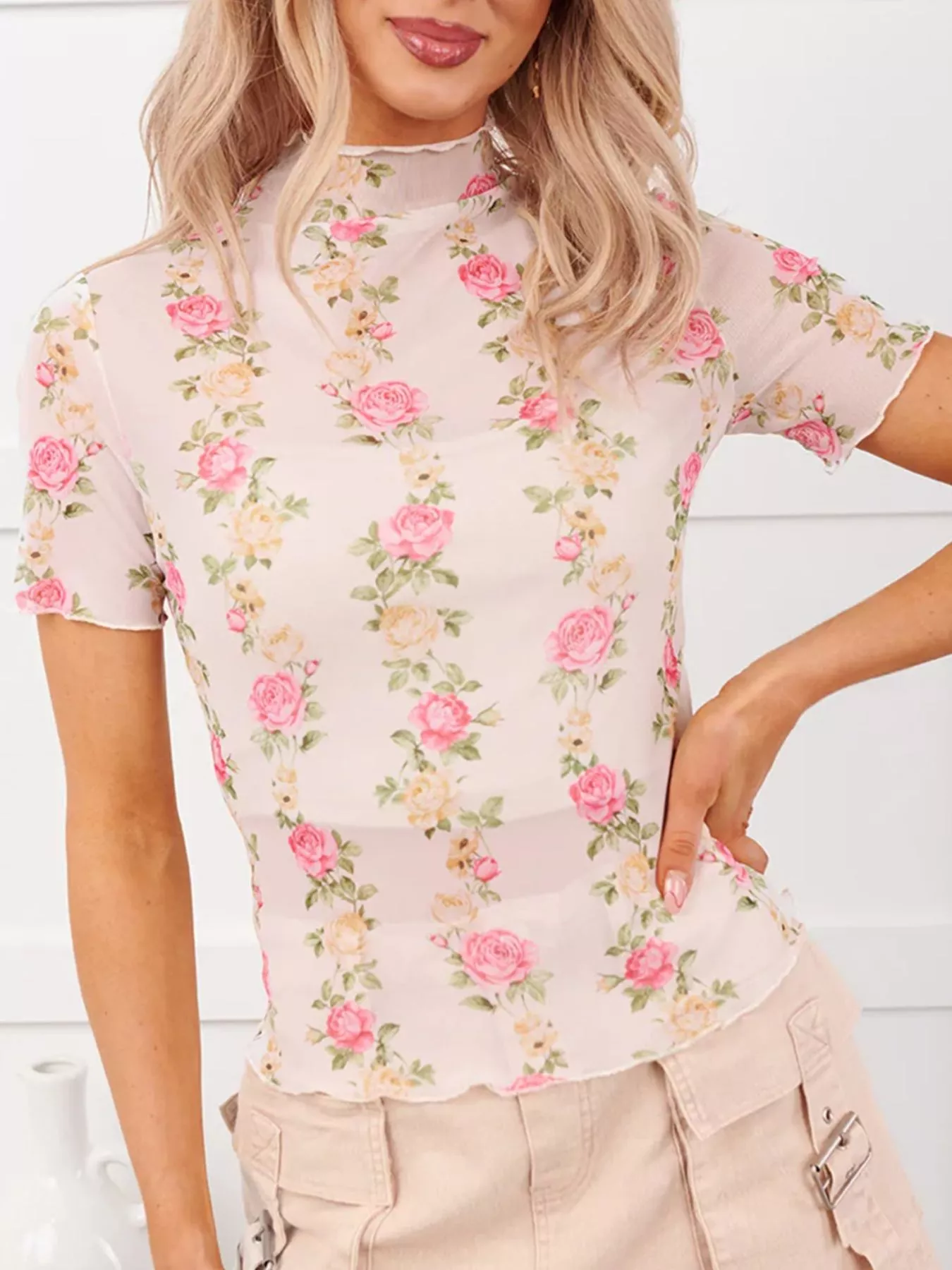 Floral Print Sheer Mesh Top - Image 3