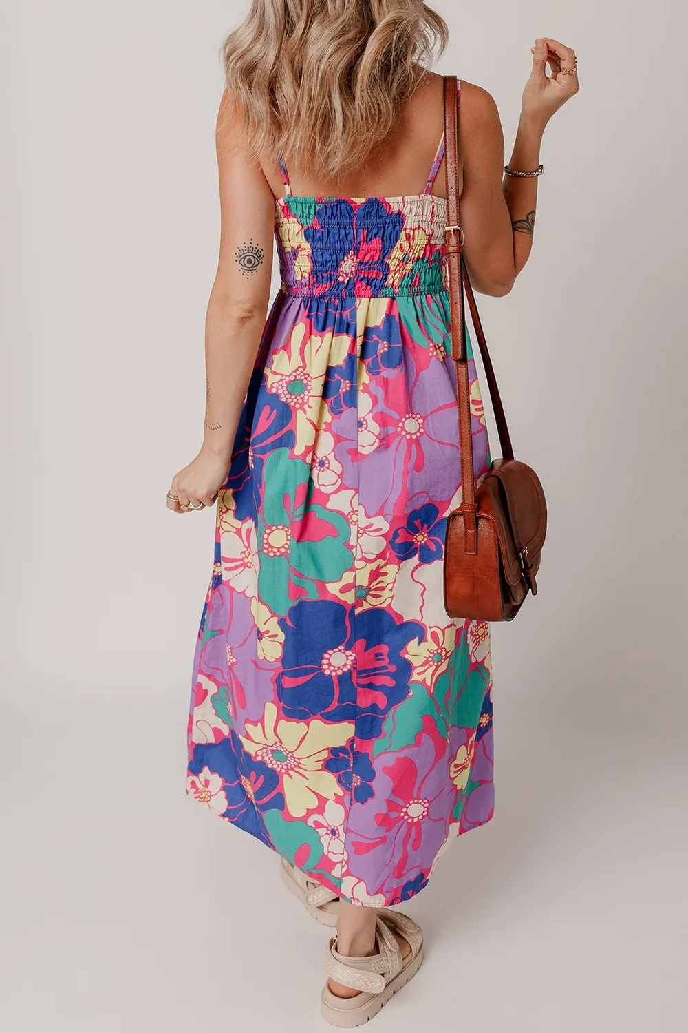 Floral Print Shirred Spaghetti Strap Loose Maxi Dress - Image 2