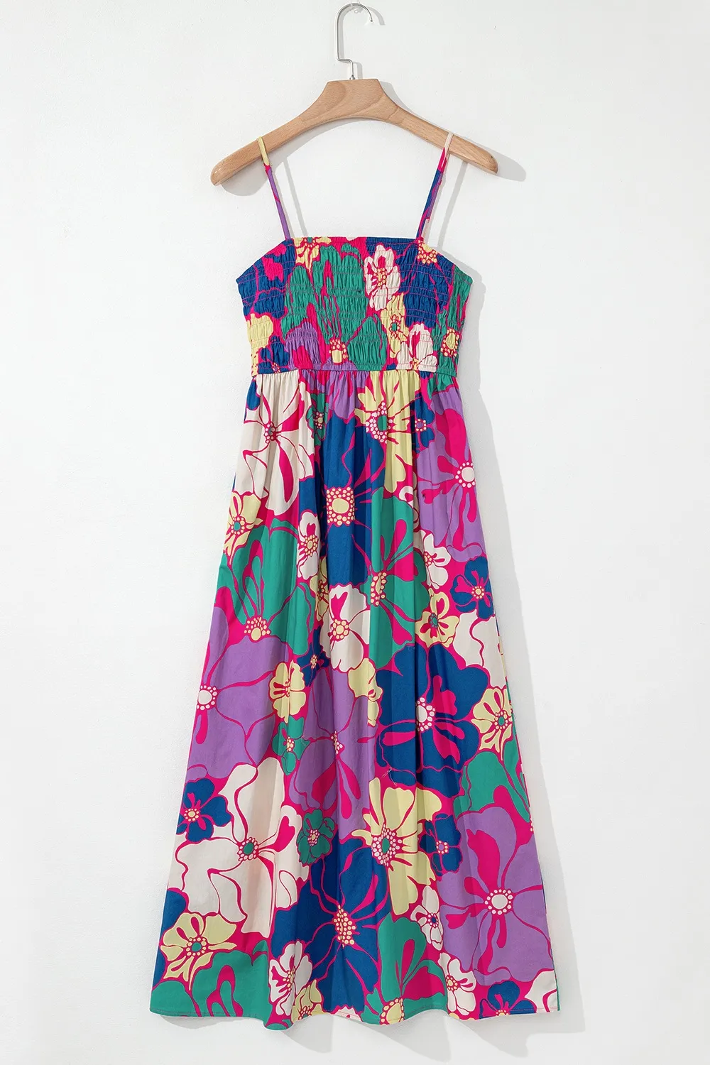 Floral Print Shirred Spaghetti Strap Loose Maxi Dress - Image 5