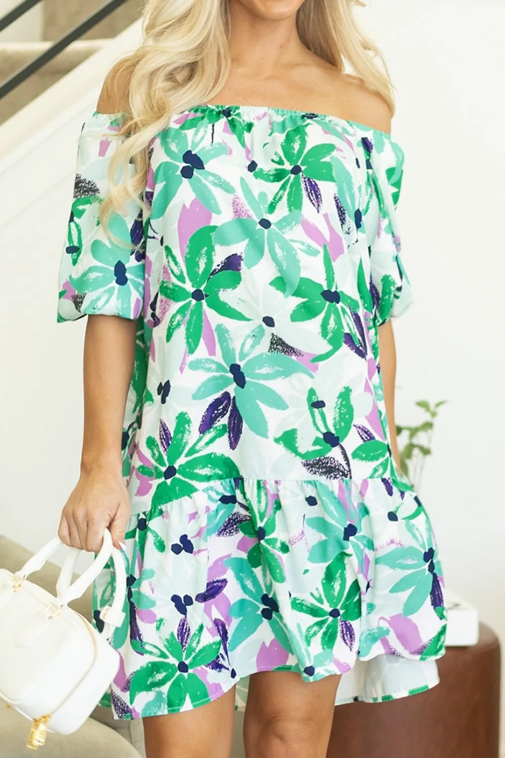Floral Print Shirred Square Neck Loose Fit Mini Dress - Image 6