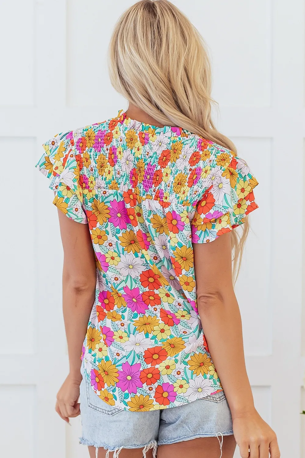 Floral Print Shirred Tiered Ruffled Sleeve Blouse - Image 2
