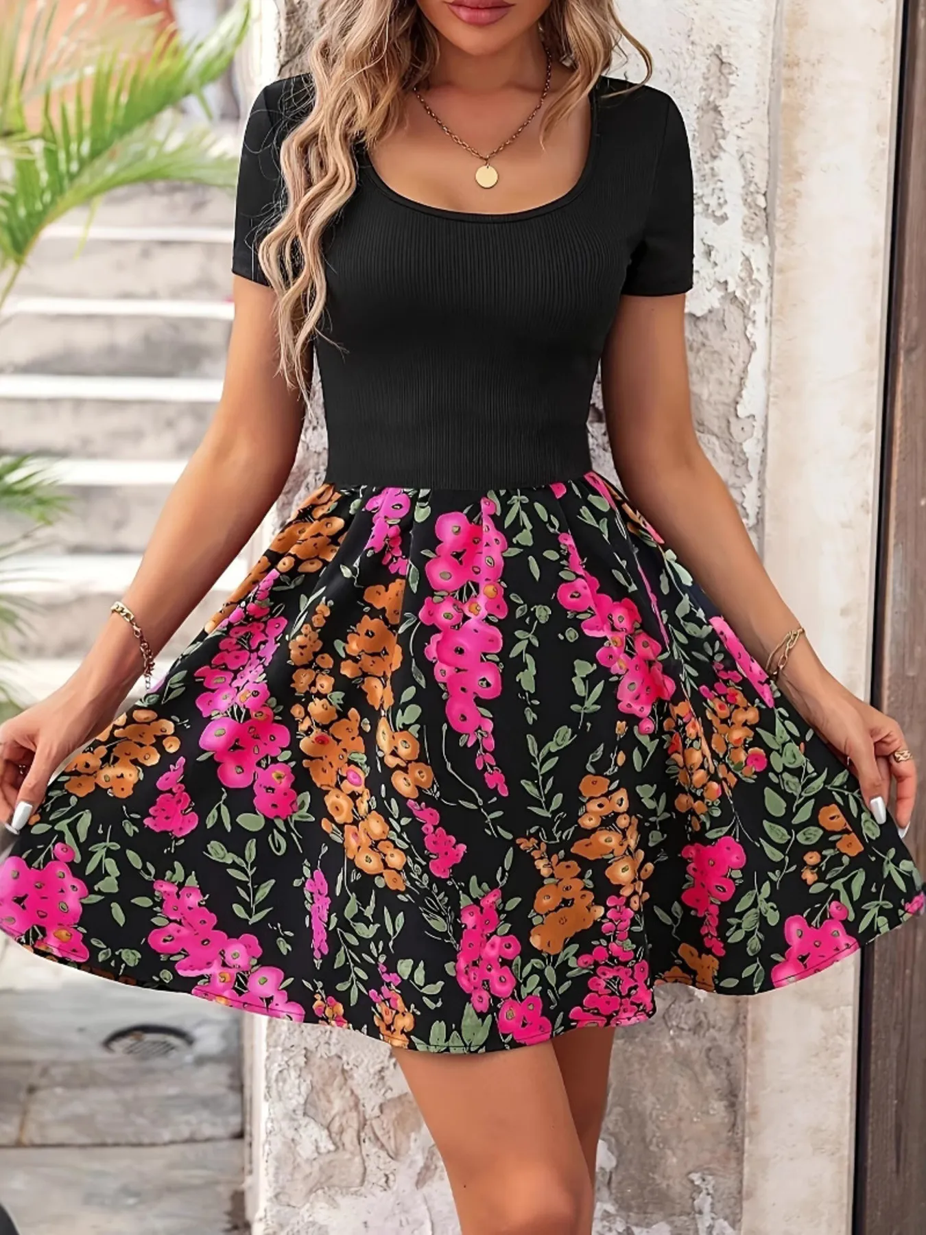 Floral Print Short Sleeve Mini Dress - Image 4