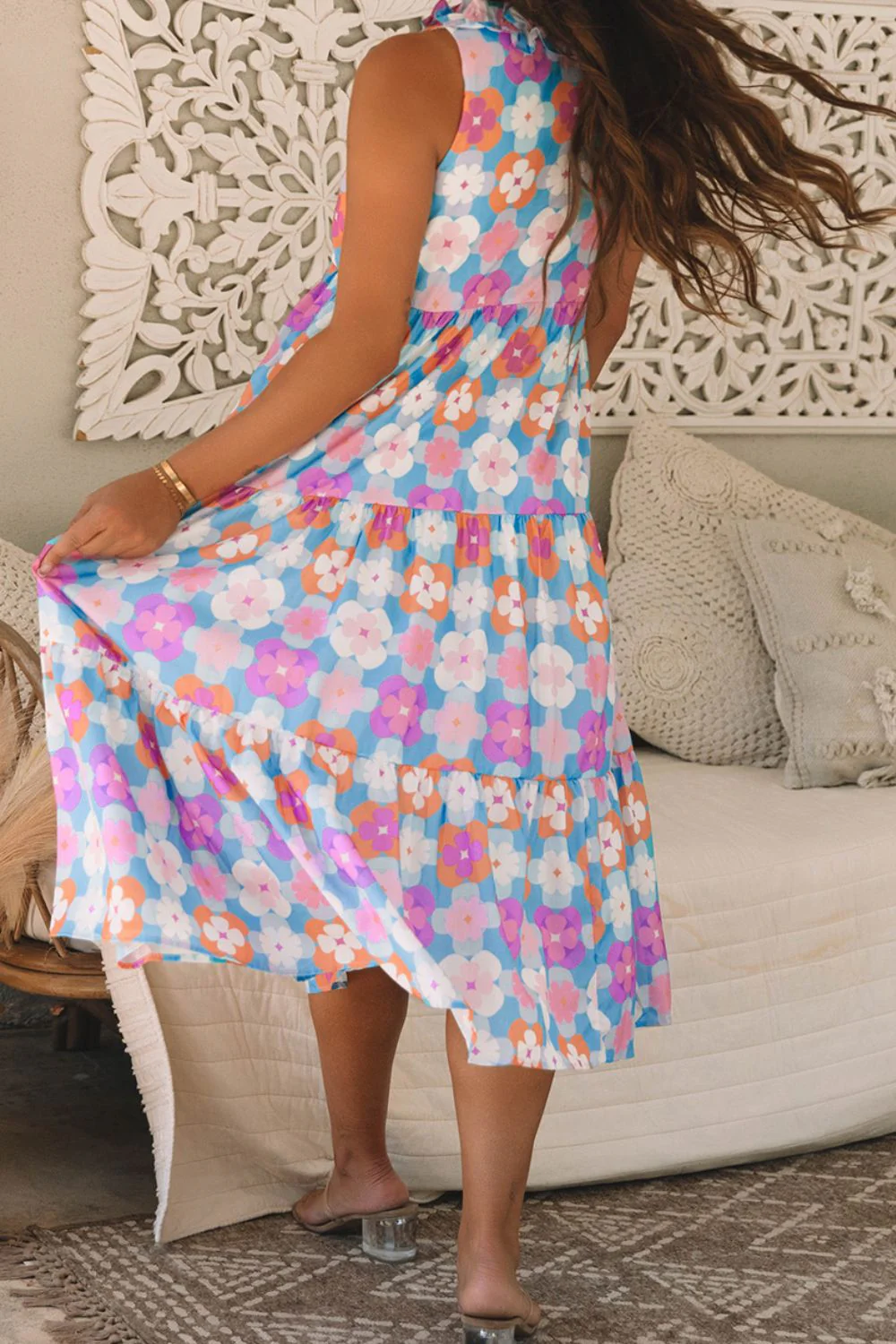 Floral Print Sleeveless Tiered Midi Dress - Image 3