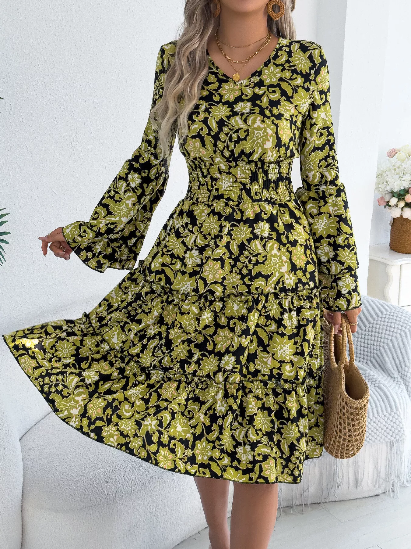 Floral Print Smocked Ruffle Hem Flared Sleeve Dress - Image 8