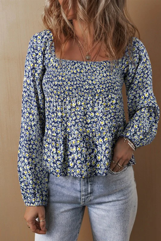 Floral Print Smocked Square Neck Loose Fit Blouse