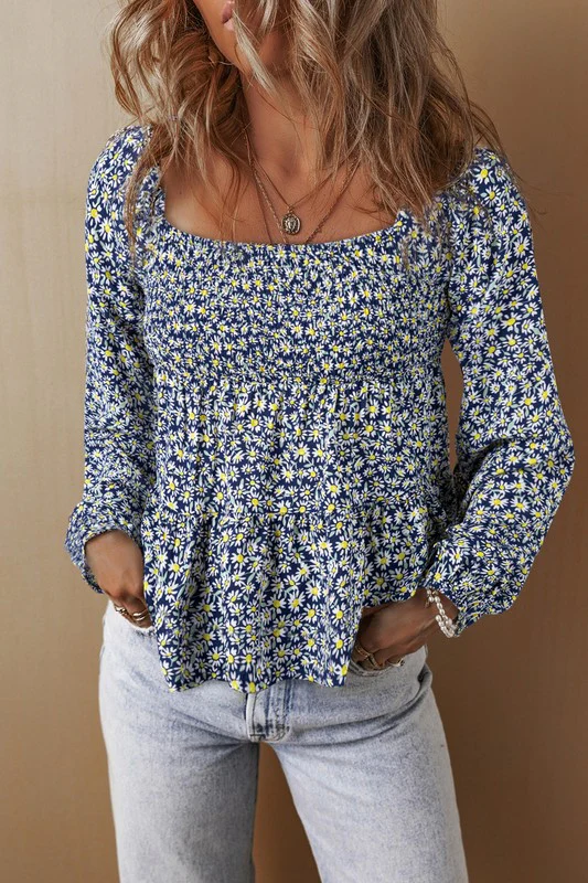 Floral Print Smocked Square Neck Loose Fit Blouse - Image 5