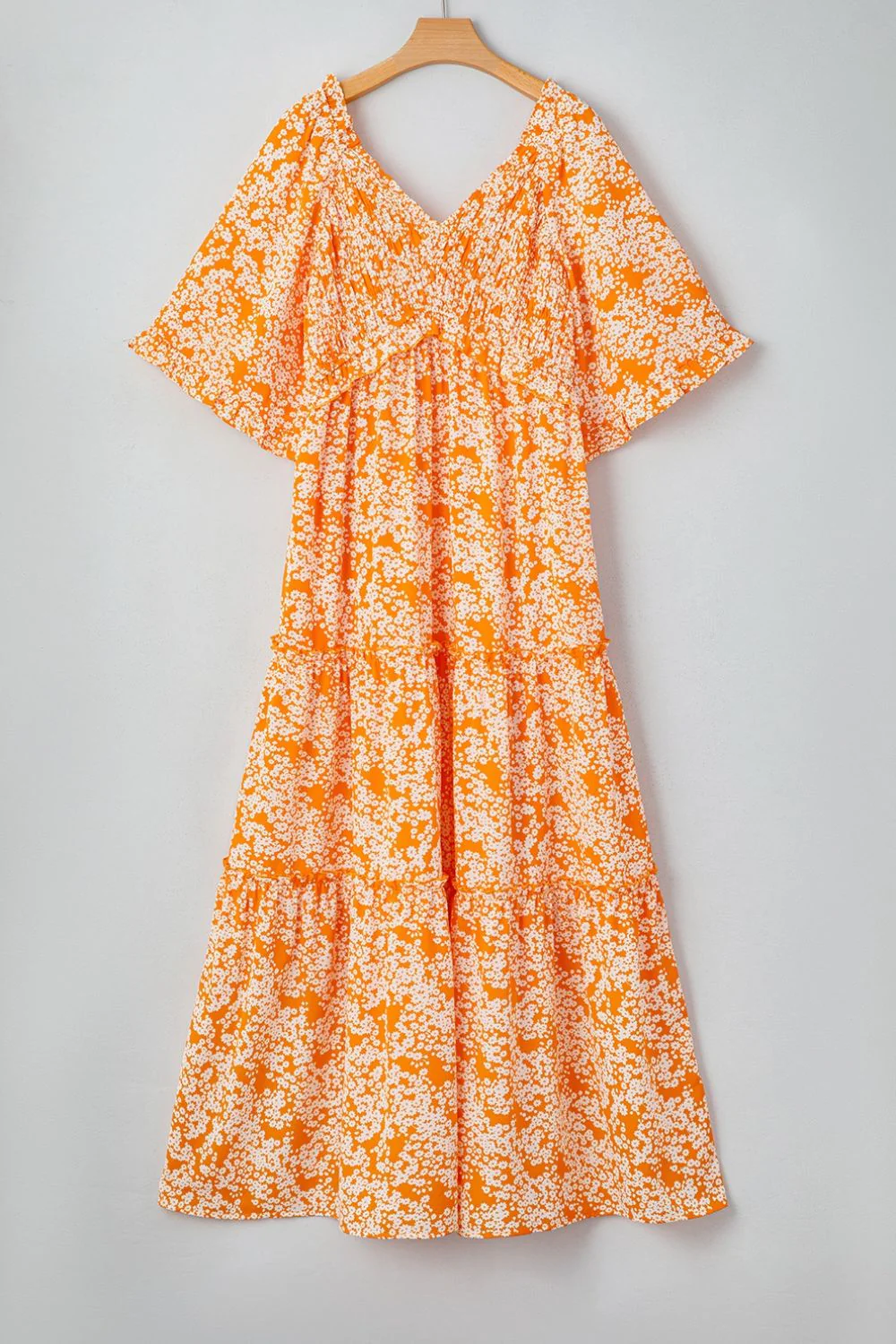 Floral Print Smocked V Neck Wide Sleeve Maxi Dress - Image 6