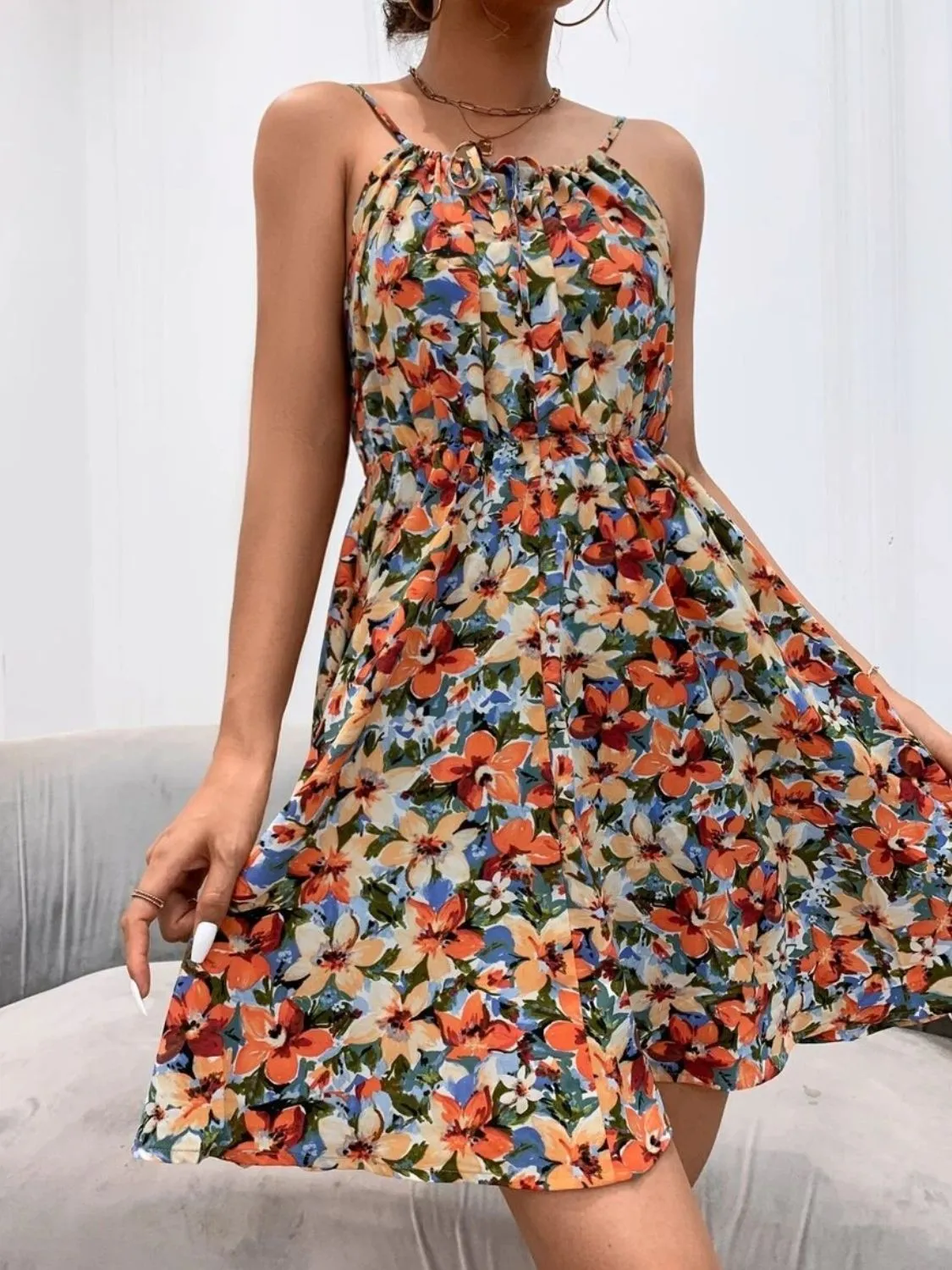 Floral Print Spaghetti Strap Summer Mini Dress - Image 15