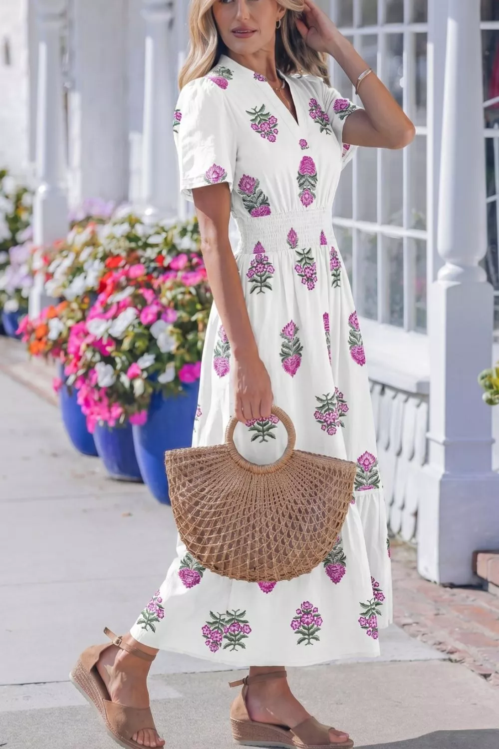 Floral Print Split Neck Shirred High Waist Ruffle Hem Midi Dress - Image 4