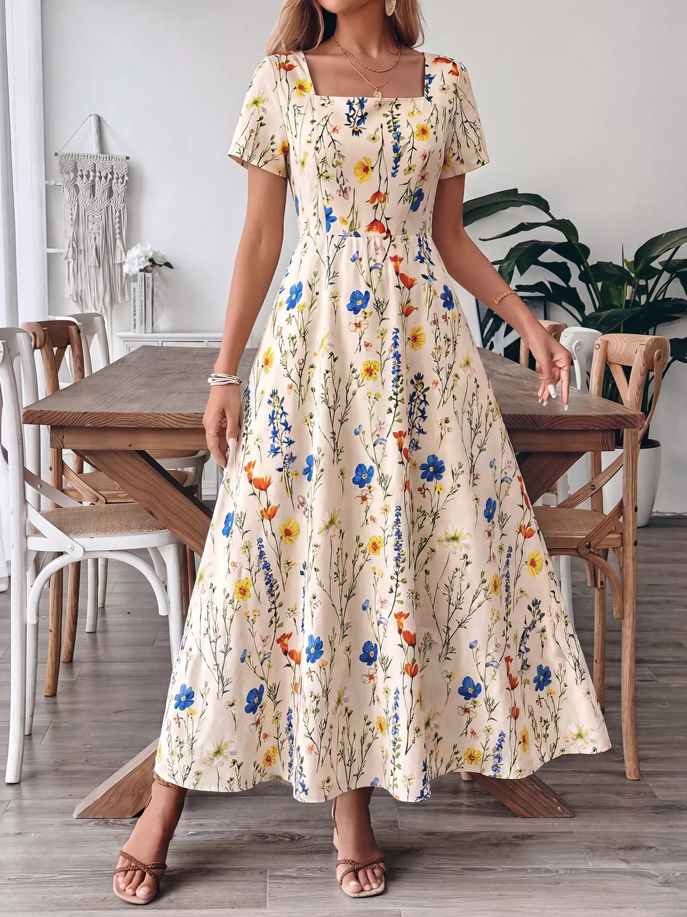 Floral Print Square Neck Casual Maxi Dress - Image 3