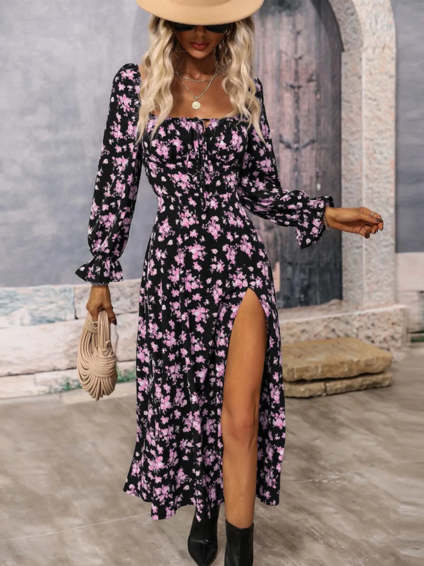 Floral Print Square Neck Flounce Sleeve Dress with Side Slit - Image 15