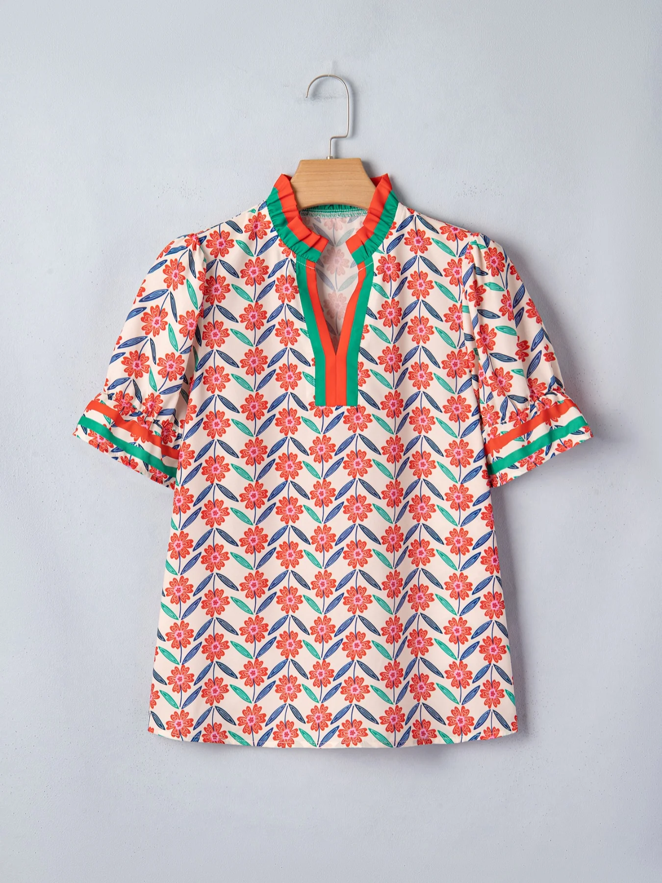 Floral Print Striped Detail V Neck Ruffled Short Sleeve Blouse - Image 2