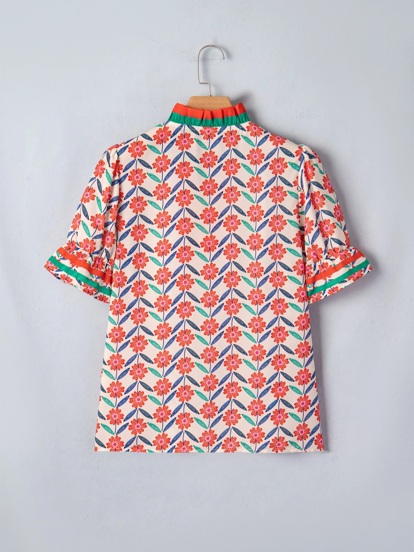 Floral Print Striped Detail V Neck Ruffled Short Sleeve Blouse - Image 3