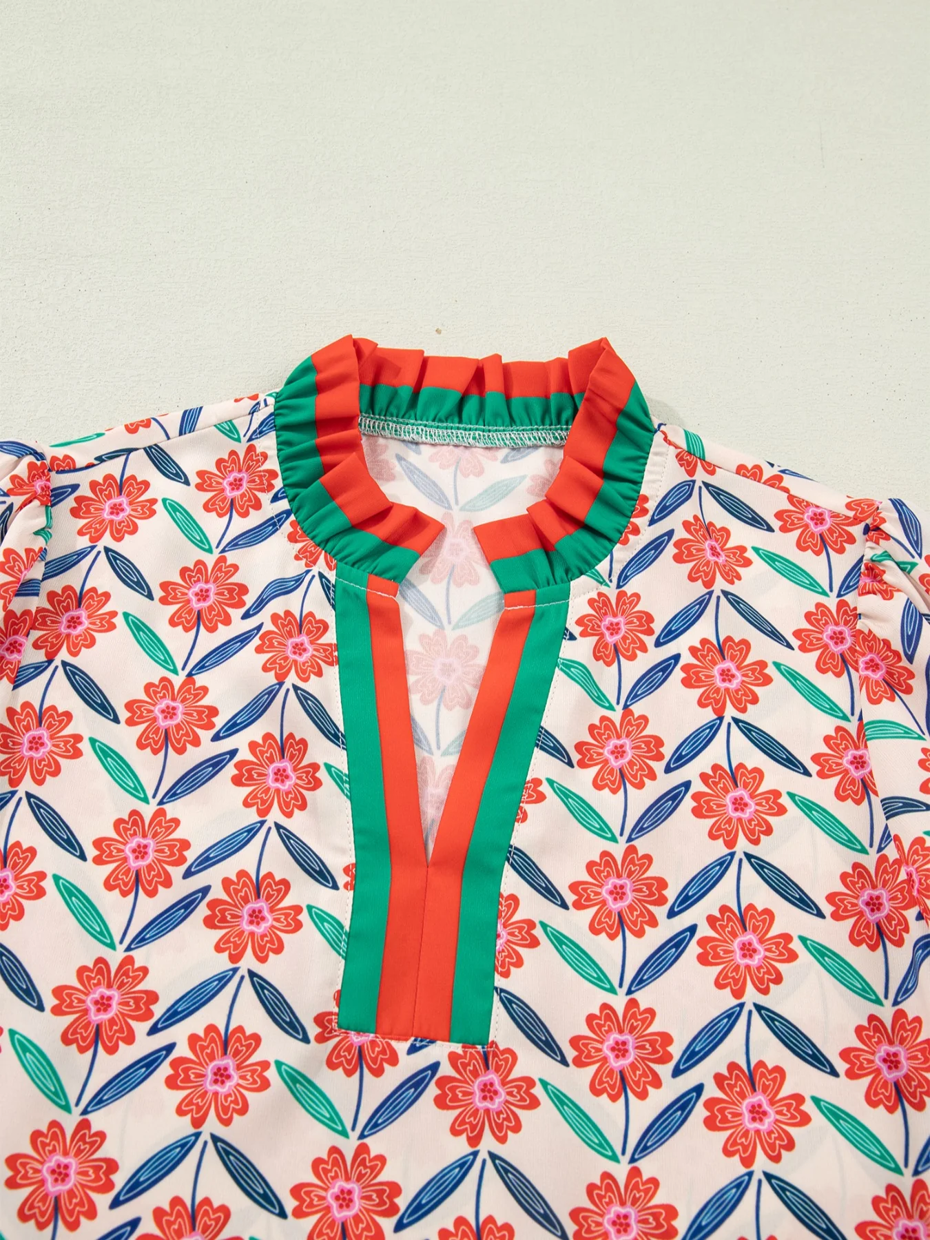 Floral Print Striped Detail V Neck Ruffled Short Sleeve Blouse - Image 4