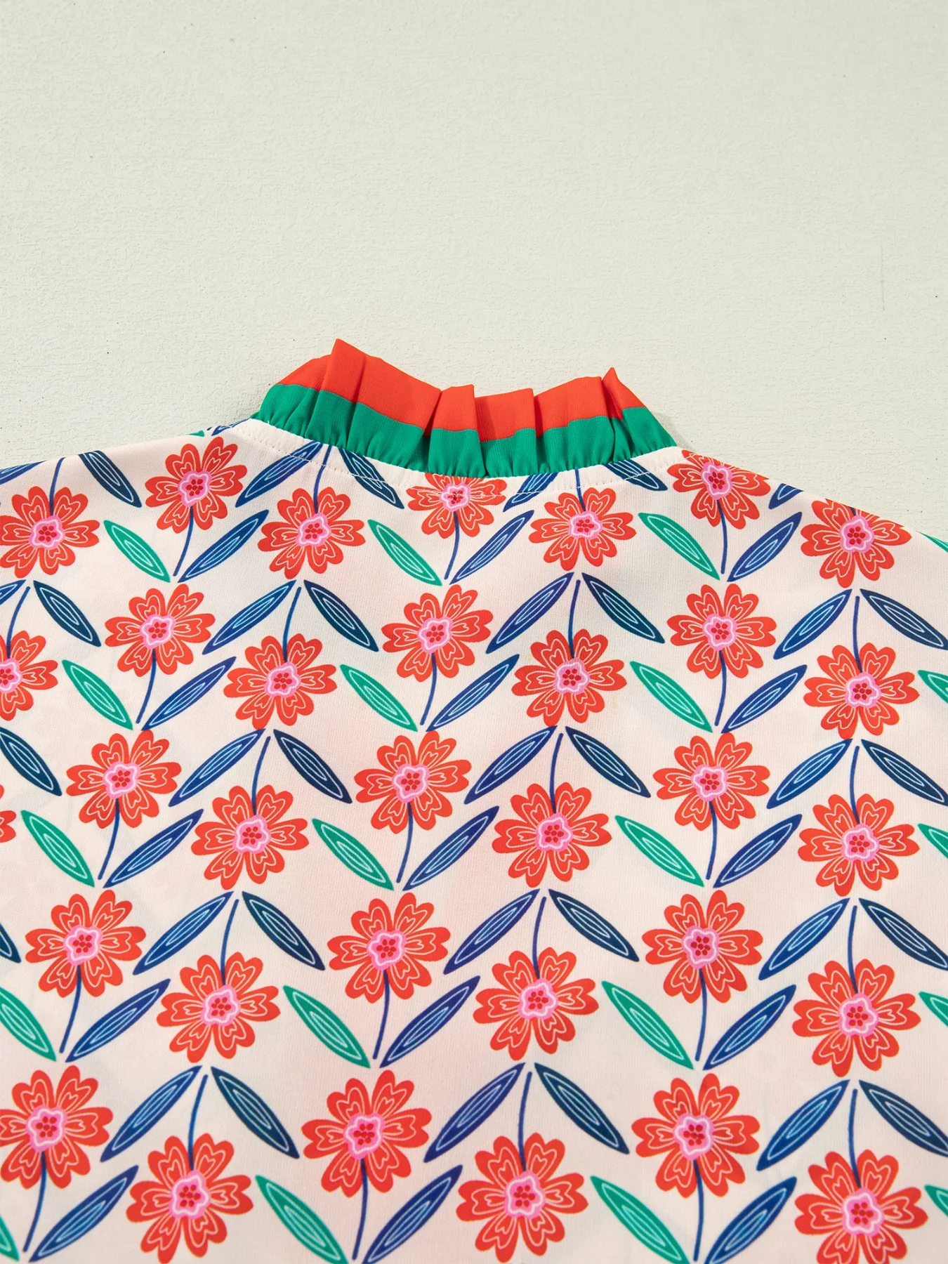 Floral Print Striped Detail V Neck Ruffled Short Sleeve Blouse - Image 5