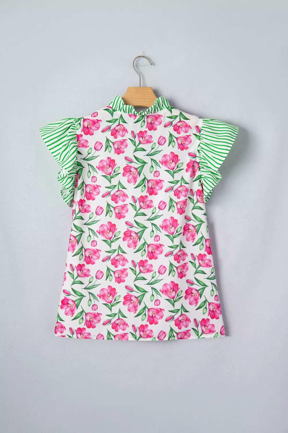 Floral Print Striped Ruffle Trim V Neck Blouse - Image 6