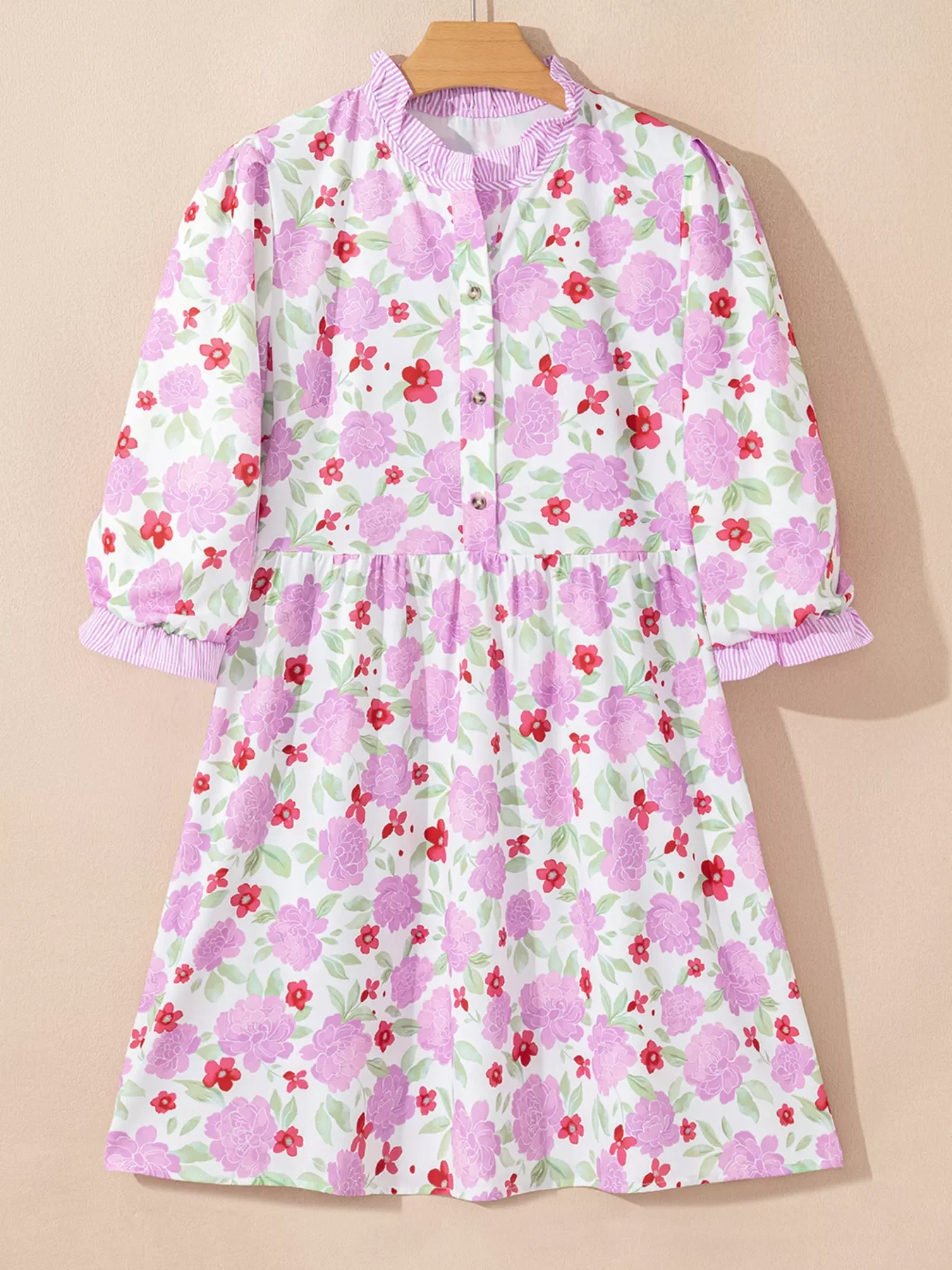 Floral Print Striped Trim Frilled Neck 3/4 Sleeve Flared Mini Dress - Image 2