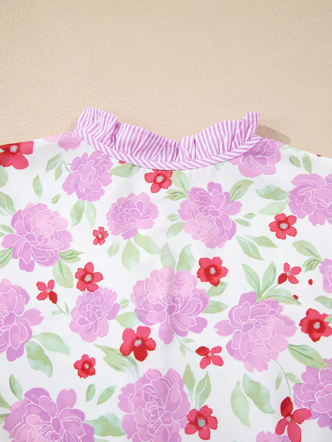 Floral Print Striped Trim Frilled Neck 3/4 Sleeve Flared Mini Dress - Image 5