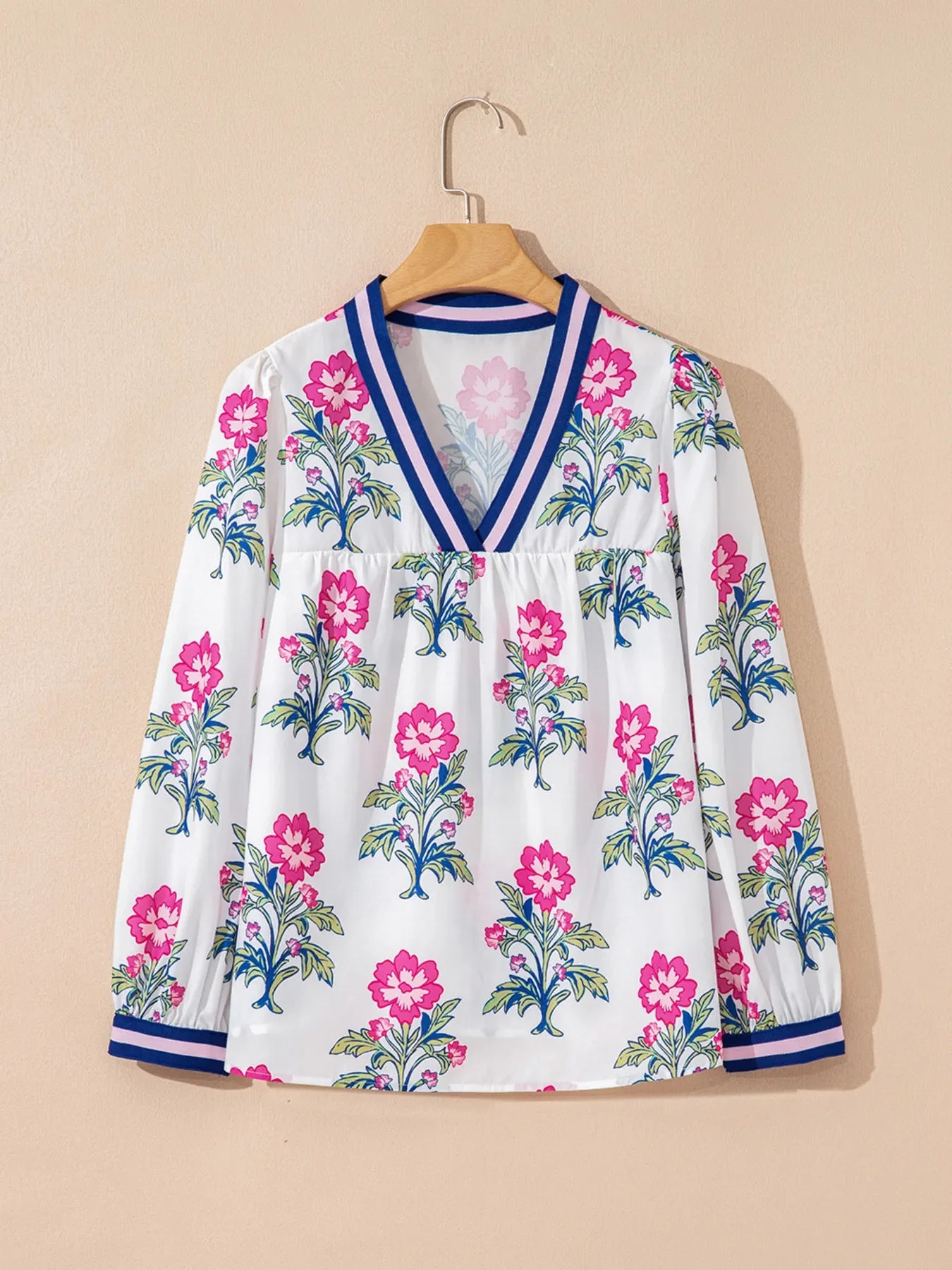Floral Print Striped V Neck Blouse - Image 3