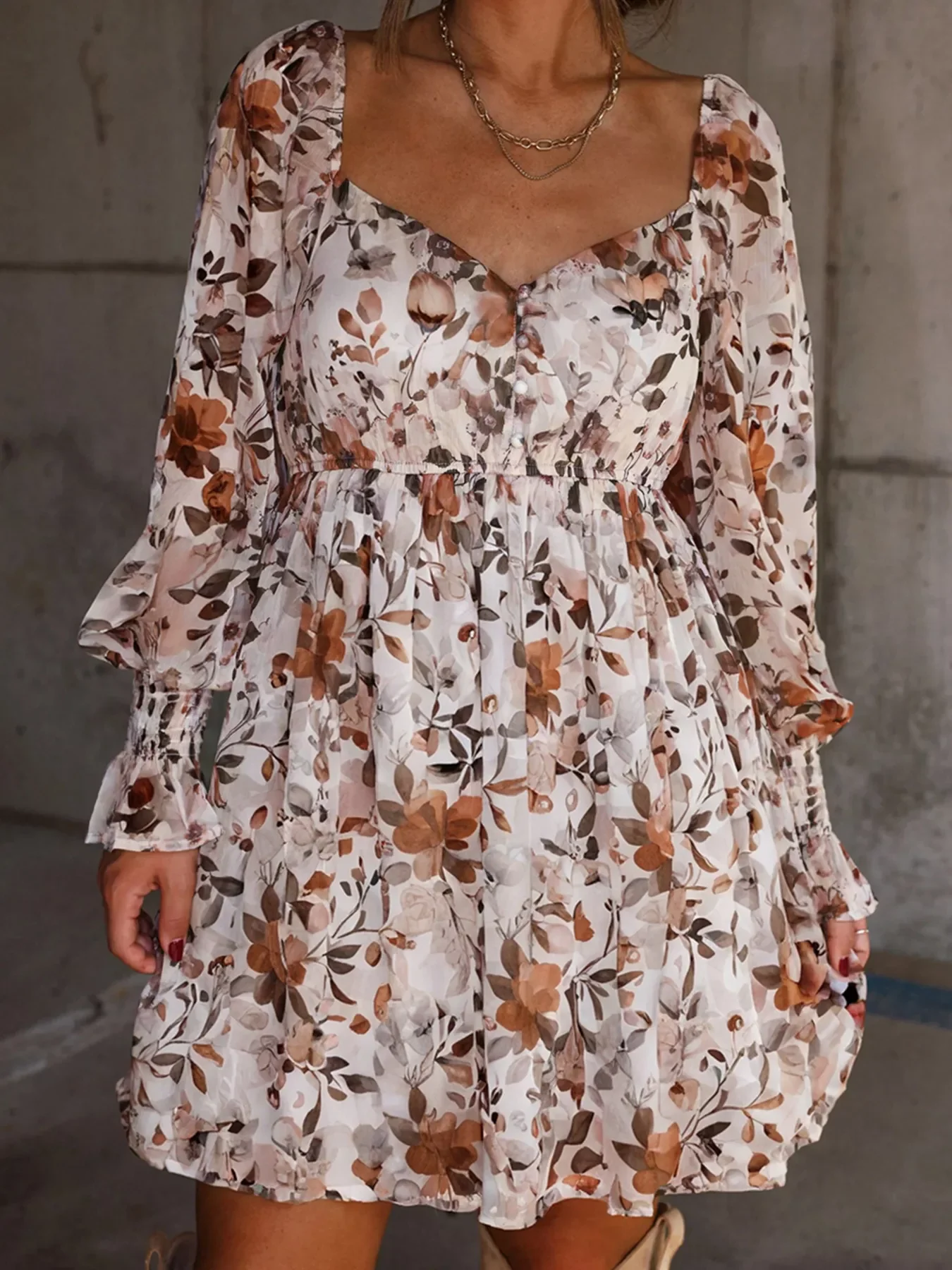 Floral Print Sweetheart Neck Long Sleeve High Waist Mini Dress - Image 2
