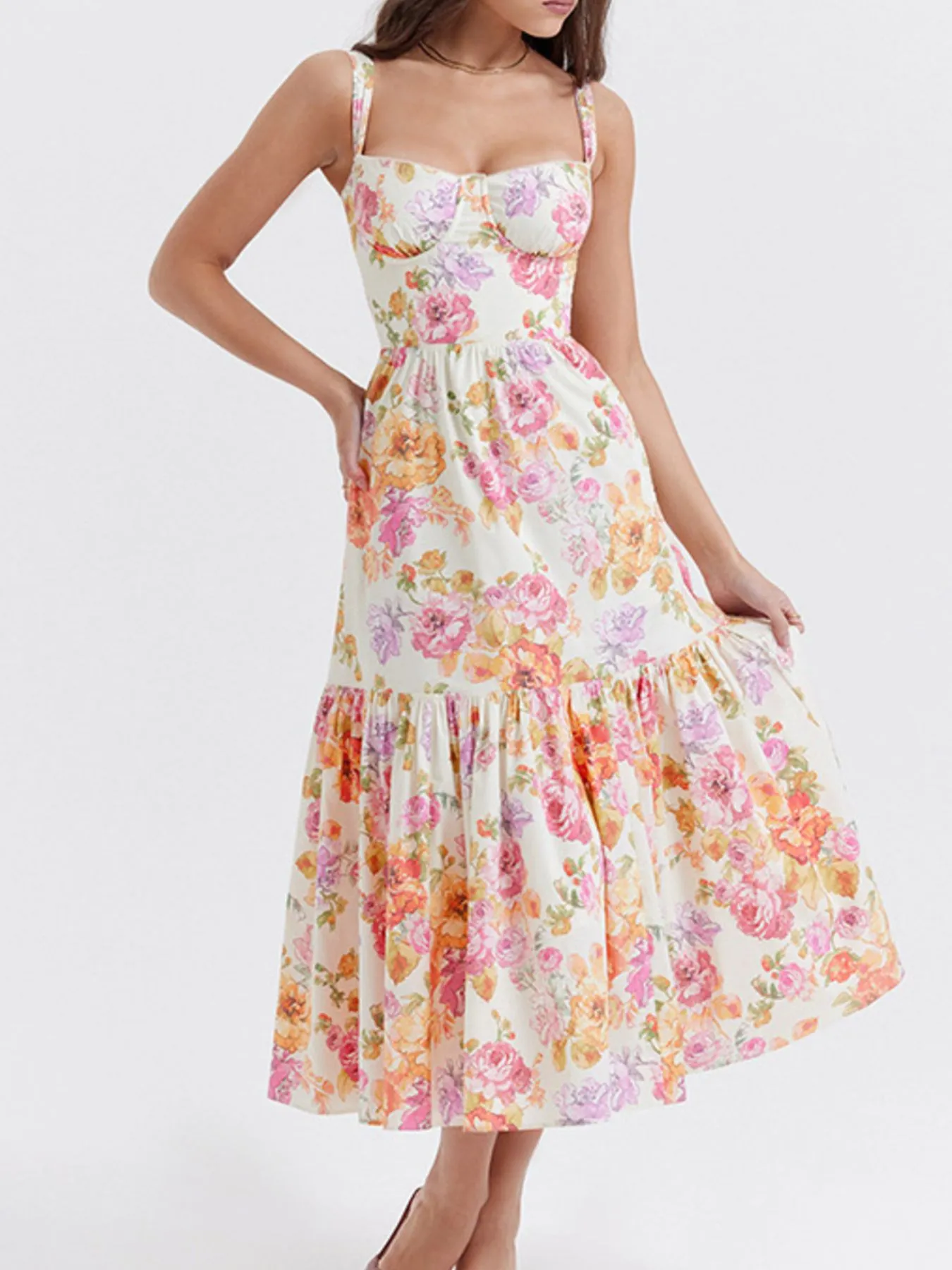 Floral Print Sweetheart Neck Midi Dress - Image 7