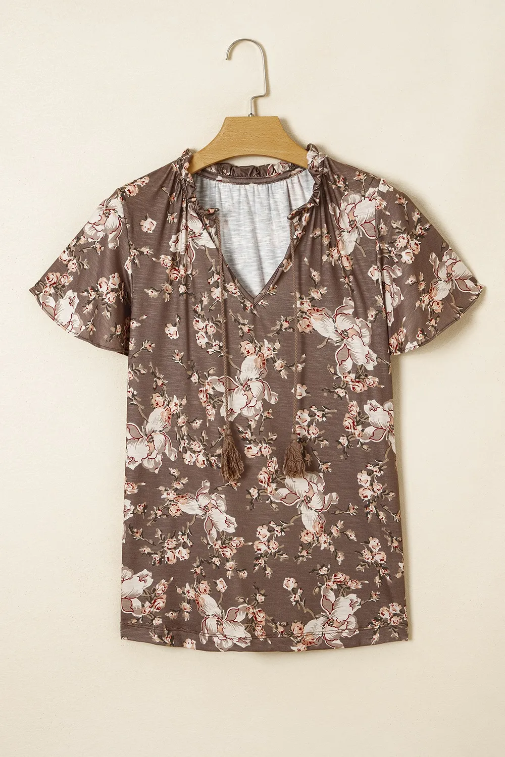 Floral Print Tassel Tie Split Neck Short Sleeve Blouse - Image 4
