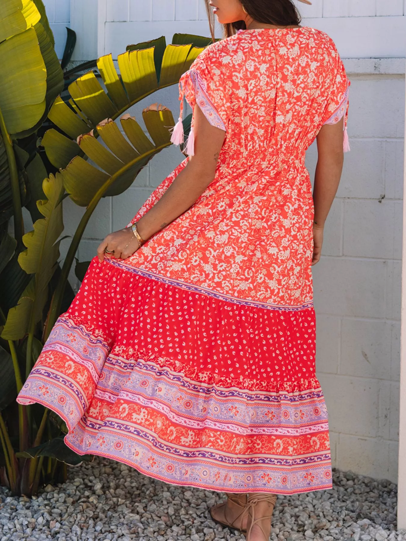 Floral Print Tasseled Tied Sleeve Empire Waist Dress - Image 3
