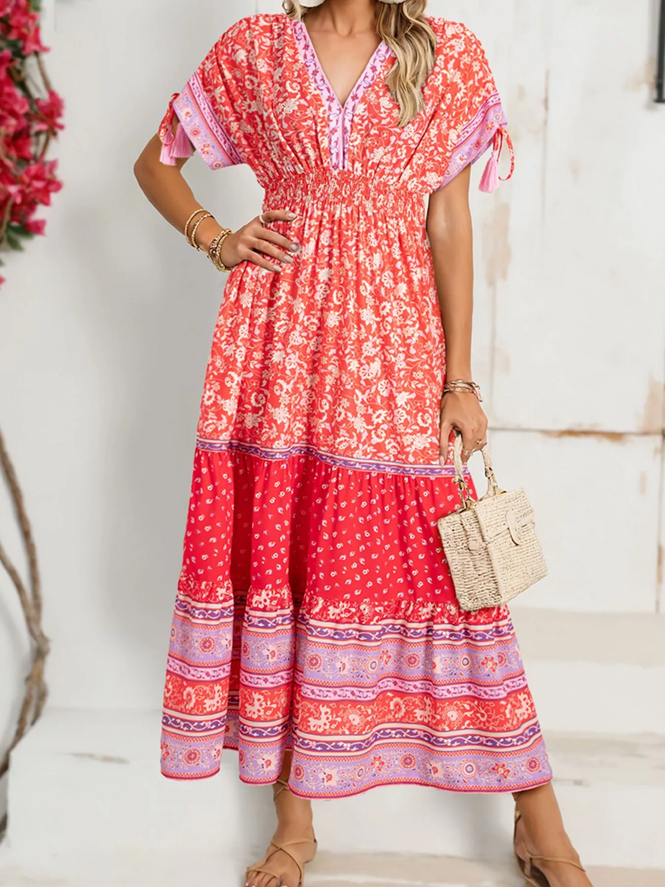 Floral Print Tasseled Tied Sleeve Empire Waist Dress - Image 5