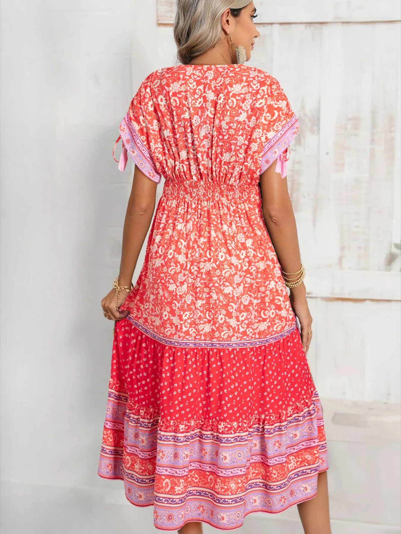 Floral Print Tasseled Tied Sleeve Empire Waist Dress - Image 6