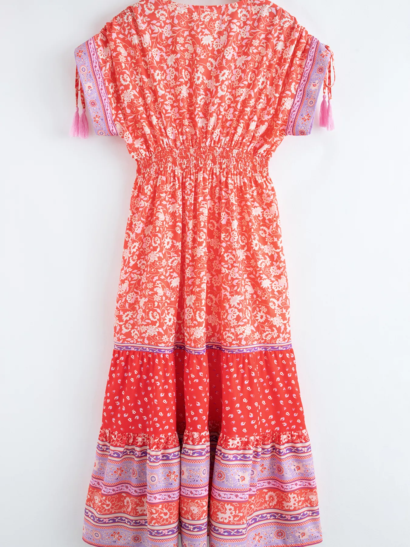 Floral Print Tasseled Tied Sleeve Empire Waist Dress - Image 8