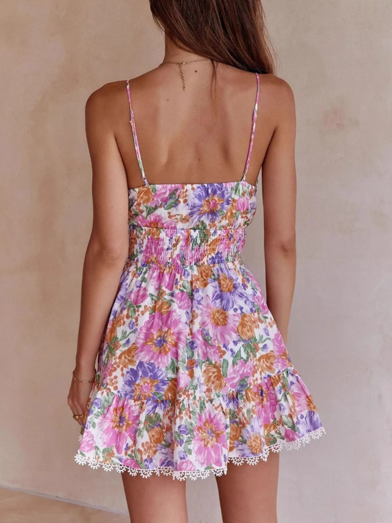 Floral Print Tie-Front Cami Dress with Lace Trim - Image 2