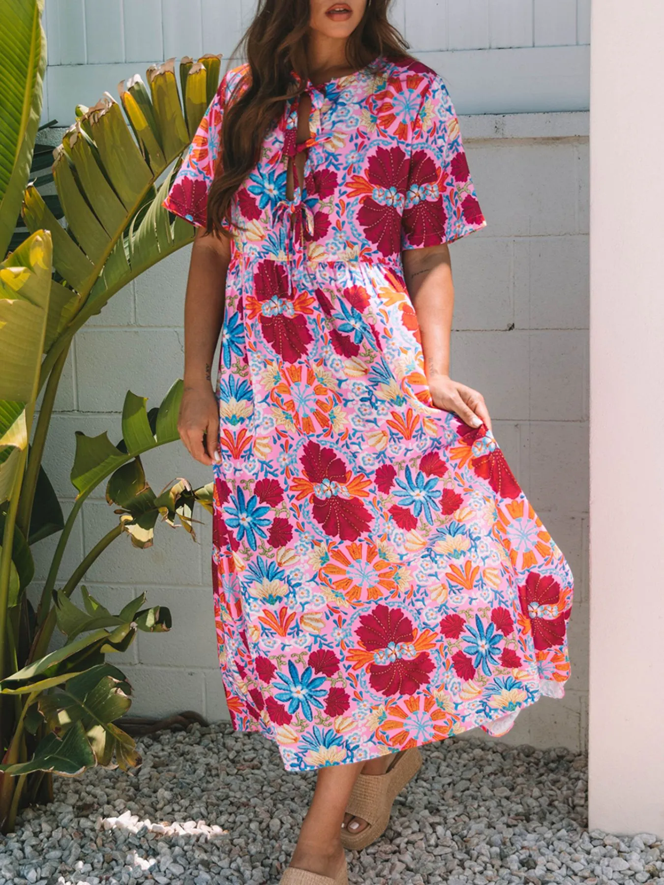 Floral Print Tie Front Midi Dress - Image 4