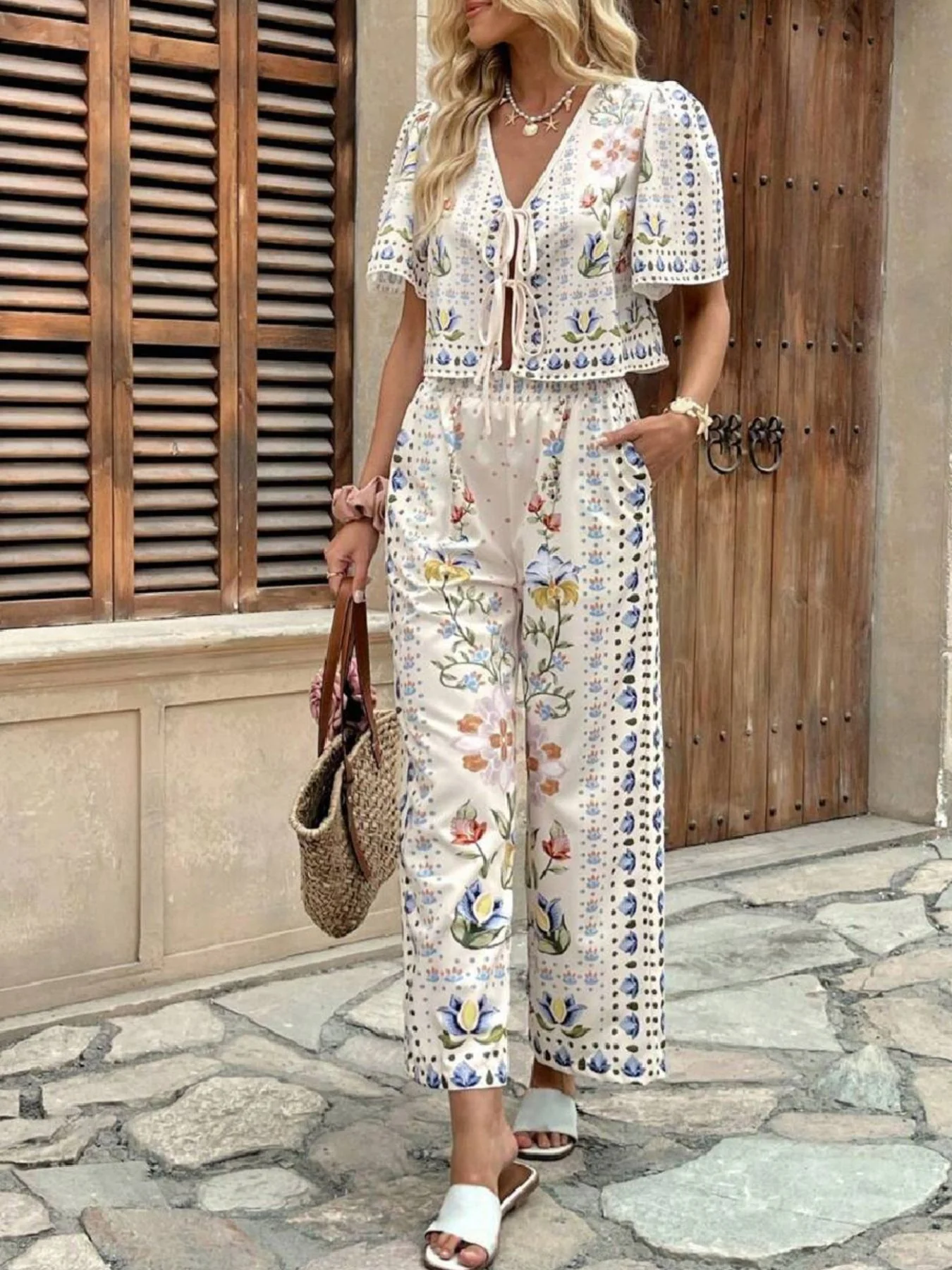 Floral Print Tie-Front Top and Pants Set - Image 4
