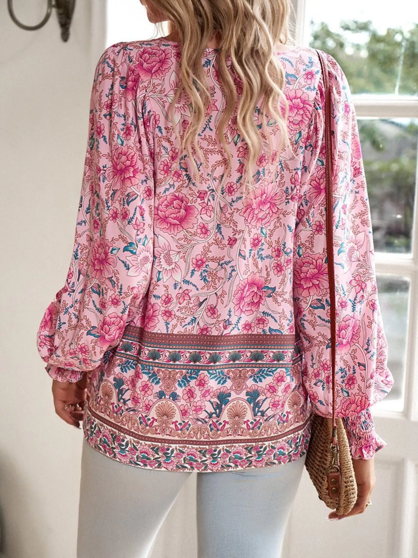 Floral Print Tie Neck Bohemian Blouse - Image 2