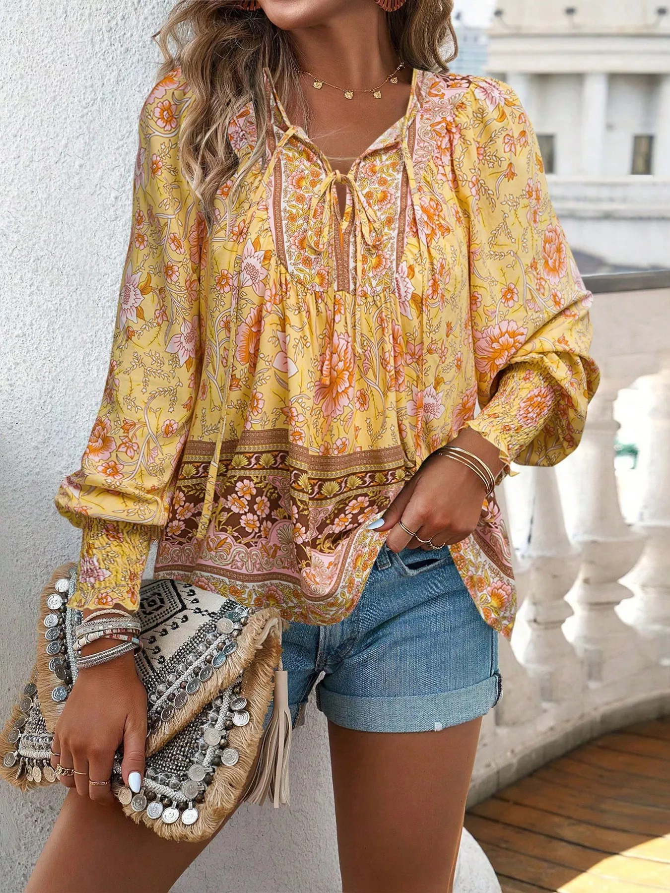 Floral Print Tie Neck Bohemian Blouse - Image 23