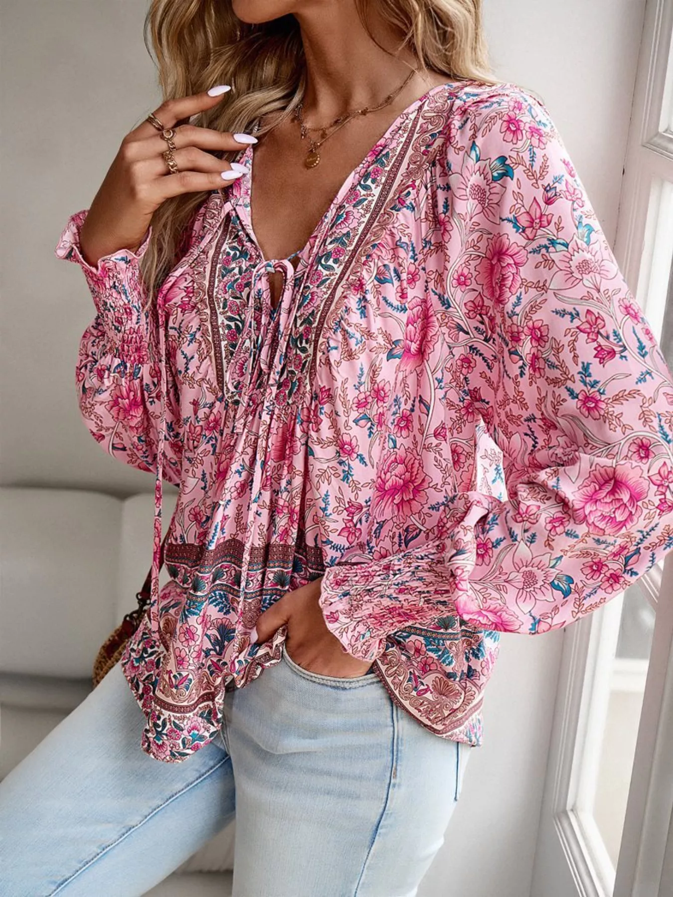 Floral Print Tie Neck Bohemian Blouse - Image 4