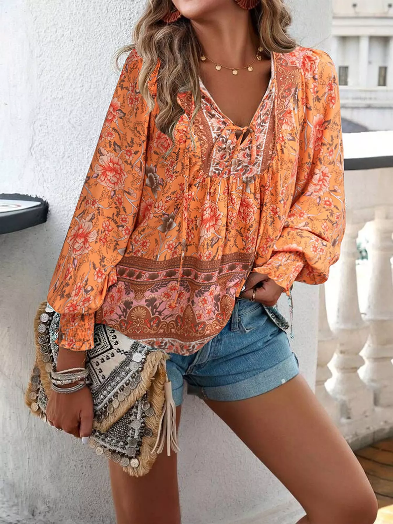 Floral Print Tie Neck Bohemian Blouse - Image 9