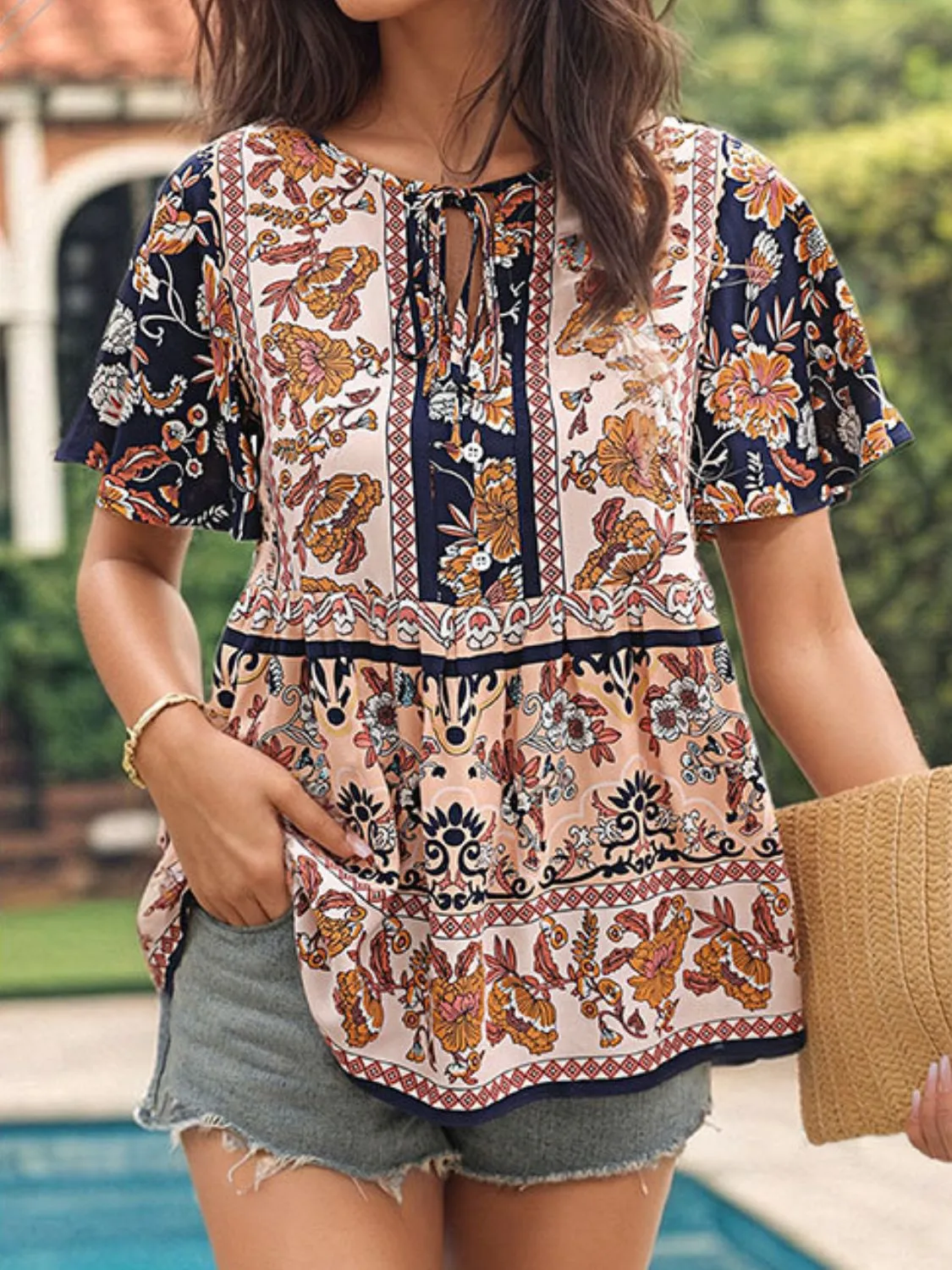 Floral Print Tie Neck Flutter Sleeve Blouse - Image 12