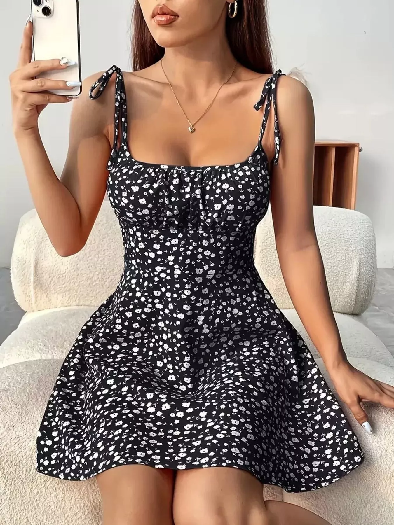 Floral Print Tie Strap Mini Dress - Image 2