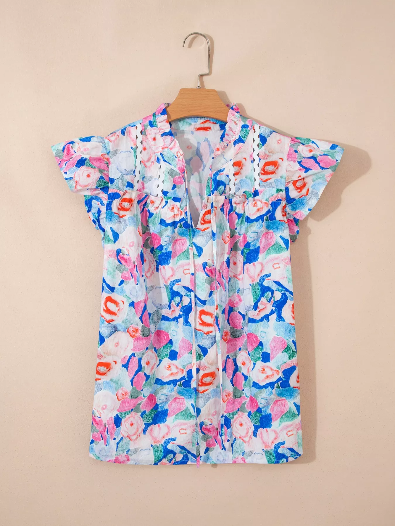 Floral Print Tie V Neck Contrast Detail Ruffle Short Sleeve Blouse - Image 3