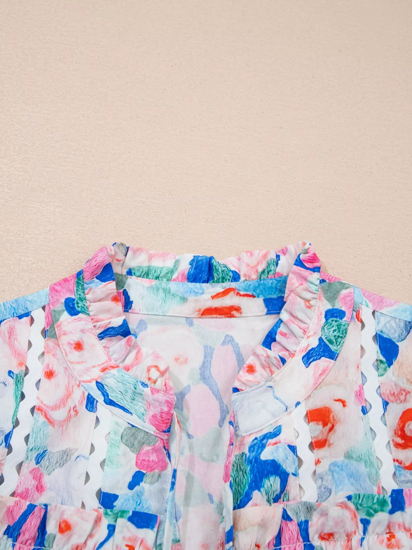 Floral Print Tie V Neck Contrast Detail Ruffle Short Sleeve Blouse - Image 5