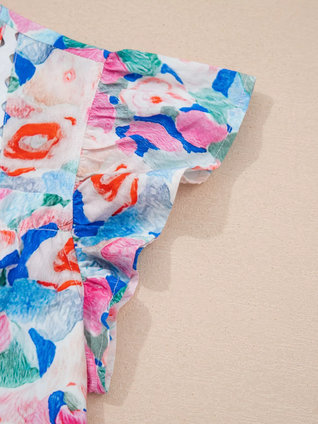 Floral Print Tie V Neck Contrast Detail Ruffle Short Sleeve Blouse - Image 6