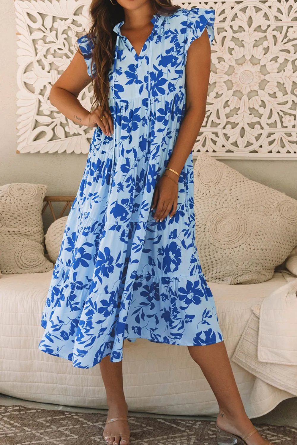 Floral Print Tiered Frilled Trim Flutter Sleeve Dress - Image 2