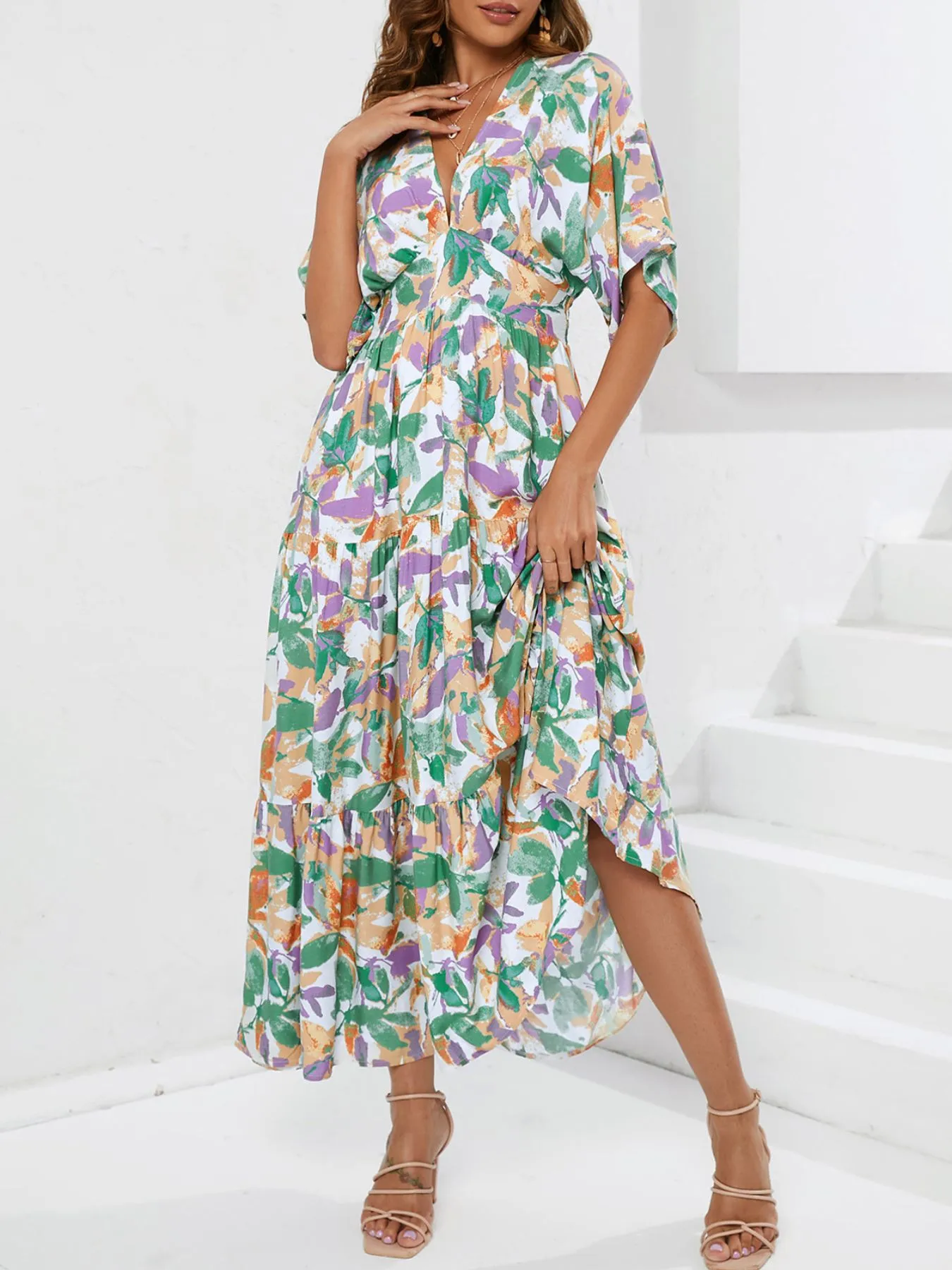 Floral Print V-neck Boho Midi Dress - Image 4